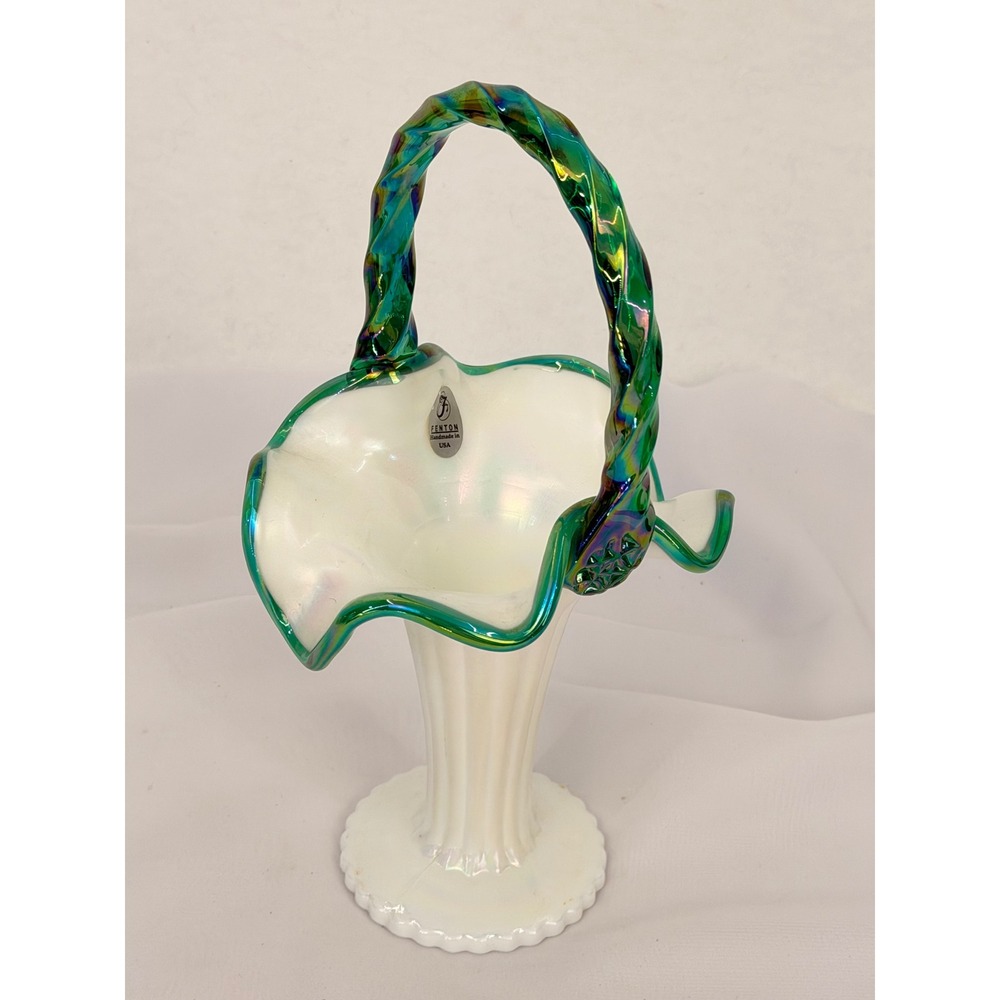 Fenton Iridescent Emerald Green White Milk Glass Ruffled Basket Vase 10.5"